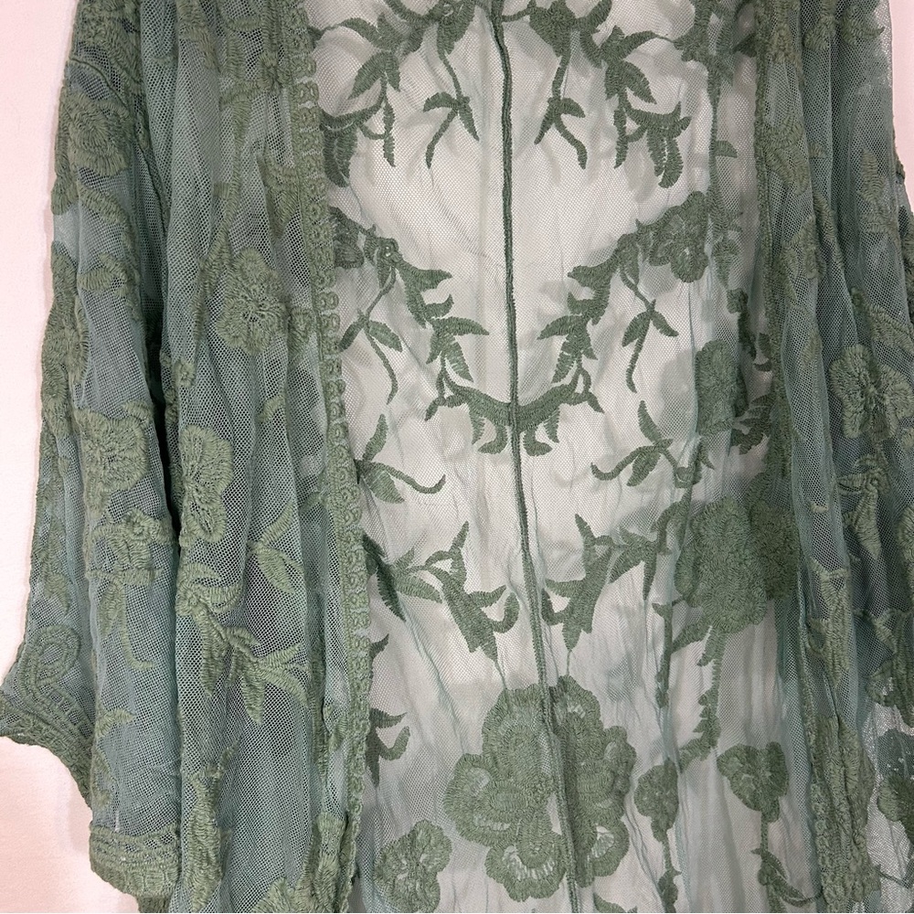 White Birch Sage Green Floral Embroidered Lace Kimono Cardigan - Size M - Picture 2 of 14
